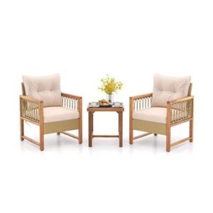 3 PCS Patio Conversation Acacia Wood Frame Furniture Set W/ Seat & Back Cushions - Picture 1 of 10