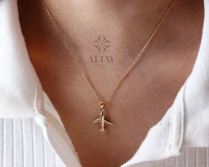 14K Gold Airplane Necklace, Plane Choker, Travel Pilots Flight Aviation Gift - Picture 1 of 7