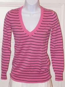 J CREW Women's Pink Navy Stripe V-Neck Long Sleeve Cotton Sweater Sz XXS - Picture 1 of 5
