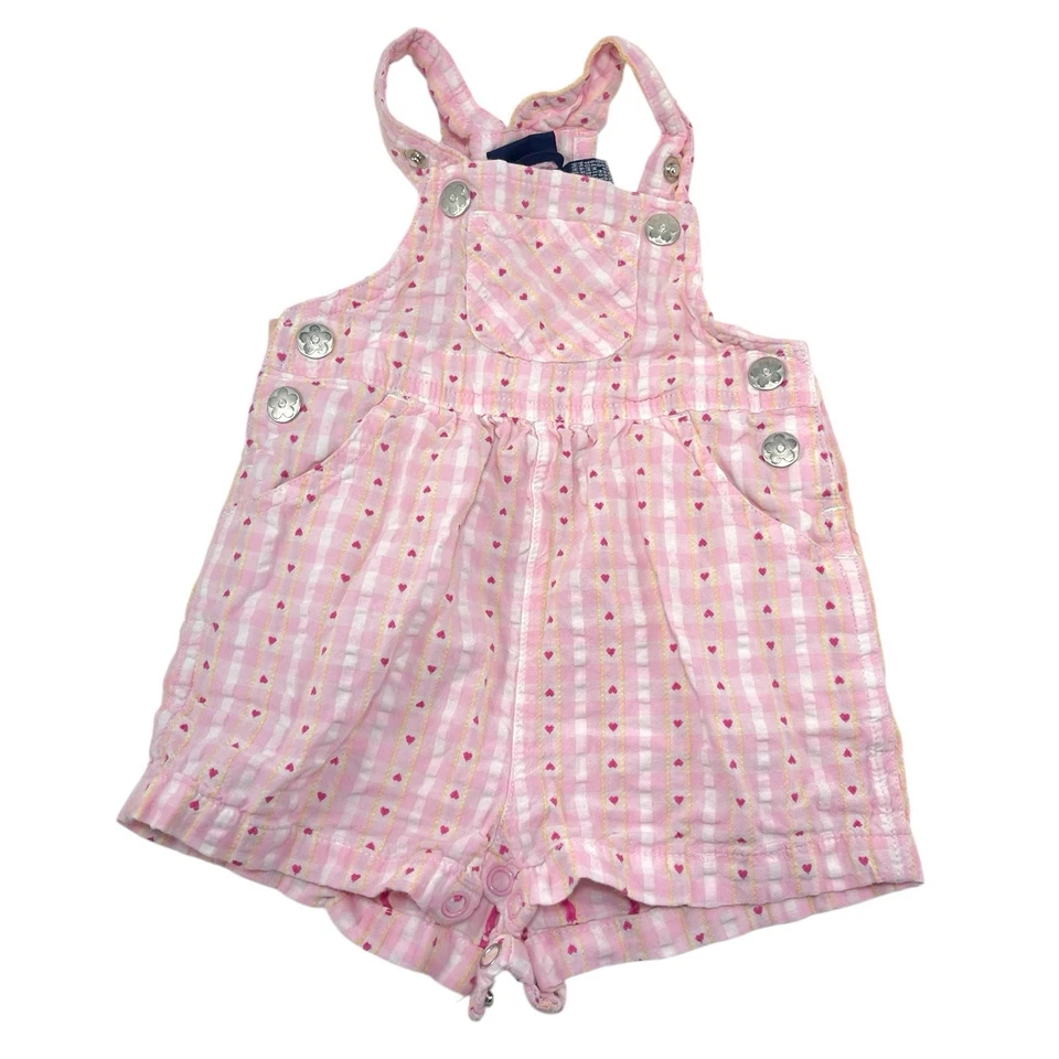 Macacão Vintage Honors Bebês Meninas 3-6M Rosa Branco Xadrez Corações Padrão Shorts - Imagem 1 de 4