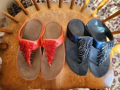 Sandalias FITFLOP Rumba Cuña Mujer Talla 7 Naranja Tanga Chanclas Flecos Cuentas Foto 1 de 4