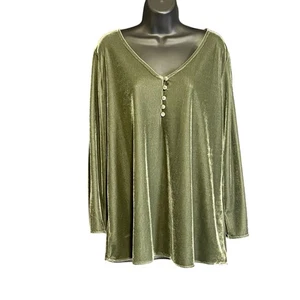 Soft Surroundings Velvet Top Green Size XL V-neck 1/2 Button Up Split Sleeve - Picture 1 of 6