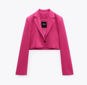 Zara Fuchsia One Button Closure Cropped Blazer Jacket Women Sz L NWOT - Picture 1 of 7