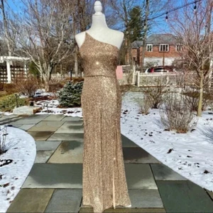 NWT Anthropologie BHLDN Caspian Gold Sequin One Shoulder Maxi Dress Long Size 14 - Picture 1 of 14