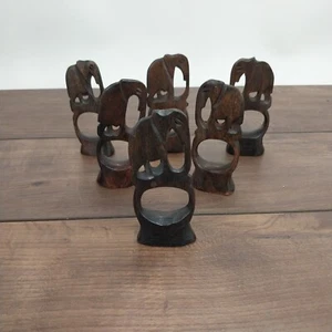 Juego de 6 servilleteros de elefante tallados a mano de madera vintage - Imagen 1 de 5