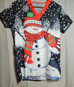 Womens Short Sleeve Size XL Blue Chirstmas Print Santa Holiday Top Blouse Scrub - Picture 1 of 5