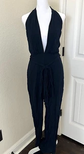 Nordstrom Womens Wayf Navy Deep V-Neck Halter Boho Going Out Jumpsuit M *Flaw - Picture 1 of 9