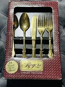 NOS Vintage Rogers 20 Pcs Flatware Set 24KT Gold Summit Collection “Love Rose” - Picture 1 of 10
