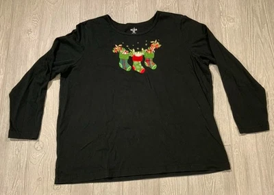 Camisa Erika Mujer Talla 1X Negra Manga Larga Navidad Medias Top #1695I Foto 1 de 3