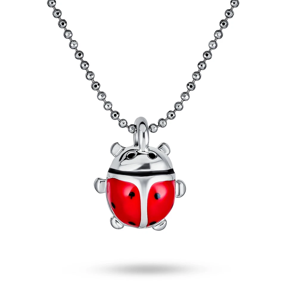 Small Red Enamel Ladybug Pendant Necklace Silver Gold Plated 16 Inch Bead Chain - Image 1 of 2