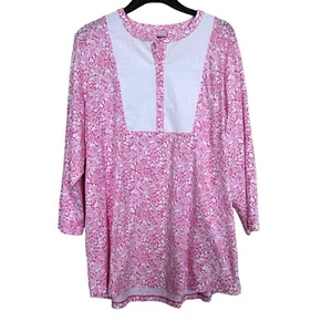 Lands’ End Women’s Sz XL (18) 3/4 Sleeve Pink Paisley White Swiss Dot Bib Top - Picture 1 of 7