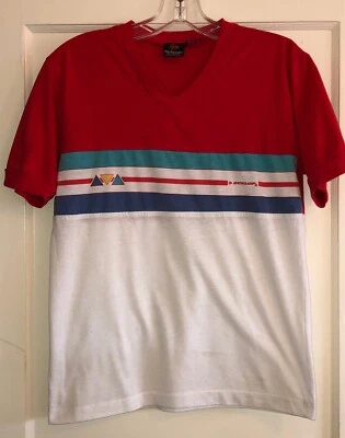Camisa Dunlop Vintage Años 80 Cuello en V Ropa Activa Puntada Única Logo y Rayas Talla S Foto 1 de 4