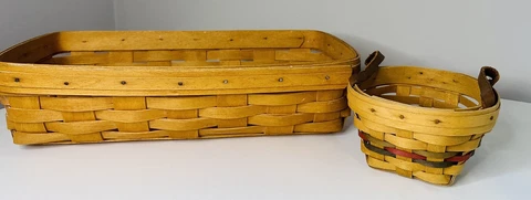 Vintage Lot of 2 Longaberger Baskets 1997 Bread Basket Leather Handle Cover