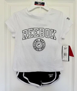 REEBOK T-Shirt + Shorts Set Kid Size M Mesh Black & White Reebok Stripes - Picture 1 of 8