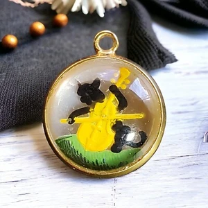 Vtg Black Cat and Fiddle Bubble Charm Intaglio Reverse Painted Crystal Sterling - Picture 1 of 9