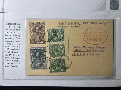 1932 Bolivia Graf Zeppelin Postcard Cover Cochabamba to Lorch Wurt Germany - Image 1 of 3