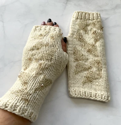 Mittens Gloves Hand Knit Wool Fingerless Gloves Ivory color Winter Gift - Image 1 of 4