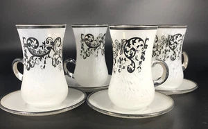 Hand Blown White Mottled Art Glass Silver Demitasse Cup & Saucer Set Of 4 Italy - Picture 1 of 12
