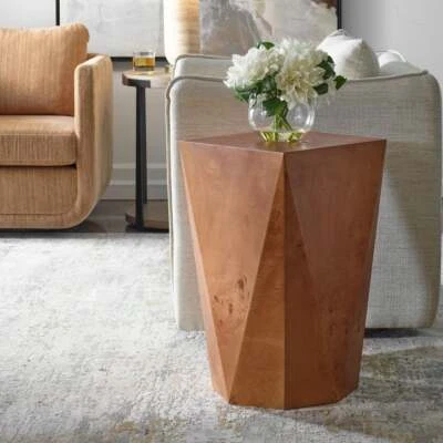NEW 24" HUGHES ANGLED FACETED SIDES POPLAR BURL WOOD ACCENT END TABLE 50079 - Image 1 of 4