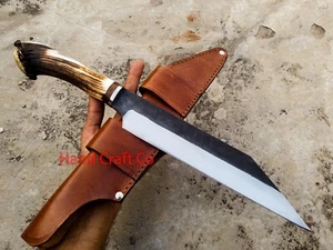 17" Handmade D2 Steel Hunting Bowie Seax Knife with Stag Handle and Leather - Picture 1 of 7