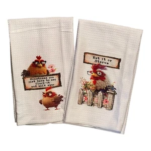 Custom Made Set of 2 Kitchen Waffle Weave Hand Towels~Crazy Chicken~Humor~Gift - Picture 1 of 1