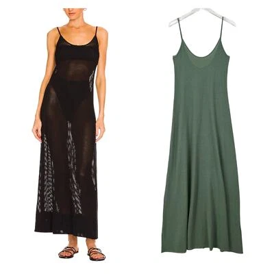 ENZA COSTA Open Knit Cami Tank Dress Womens Medium Green Strappy Maxi Mesh NEW - Image 1 of 4