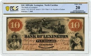 NC-30-G14a $10 1859-60's Lexington, NC Bank of Lexington VF20 PCGS 950414-51 - Foto 1 di 3
