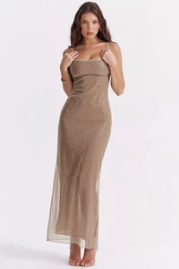 Maxi Vestido HOUSE OF CB 'Alondra' Café Au Lait Cuentas A Granel XS/S/M/L/L+ - Imagen 1 de 24