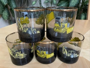 Set of 5 22K Gold Rim Construction Equipment Drinking Lowball Glasses Smoked 70s - Picture 1 of 10