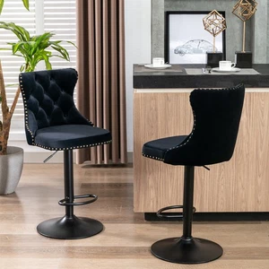 2Set Swivel Velvet Bar Stools Counter Height Bar Stools 25-33" Adjustable Black - Picture 1 of 16