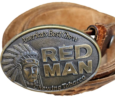 Fivela de cinto 1988 bronze The Pinkerton Tobacco Co. homem vermelho, couro feito à mão (N2) - Imagem 1 de 4