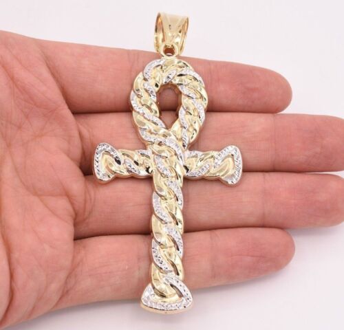 4" Huge Ankh Cross Jesus Pendant Charm Diamond Cut Real 10K Yellow White Gold
