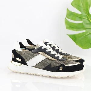 Michael Kors Womens Monroe Trainer Sneaker Size 7 Black Gold MK Lace Up Shoe - Picture 1 of 14