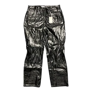 New GOOD AMERICAN Pants Womens 12/31 Black Polyurethane Straight Fit Flat Front - Picture 1 of 6