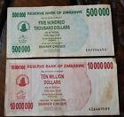 Zimbabwe Inflation Five Hundred Thousand and Ten Million Dollar Bank Notes