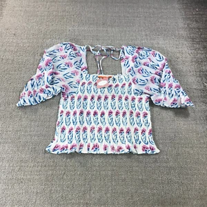 New Oliphant Top Womens Large Smocked Top Floral Blue White Pink Flower 1211V - Picture 1 of 6