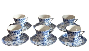 Juego completo de 6 tazas y platillos de encaje acanalado azul Royal Copenhagen #1036 - Imagen 1 de 7