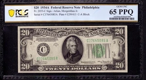 1934 A $20 FEDERAL RESERVE NOTE PHILADELPHIA FR.2055-C PCGS B GEM 65 PPQ - Picture 1 of 2