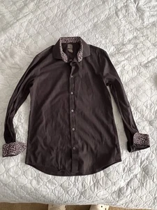 H&M Slim Fit Dress Shirt M 15 3/4 Black Floral Trim Contrast Cuffs & Collar - Picture 1 of 8
