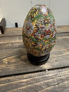 Vintage Cloisonné Golden Egg with Flower Design - 4” x 2.5” With Stand & Box - Picture 1 of 10