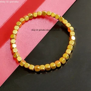 Pure 999 24K Yellow Gold 3D Lucky 4mm Square Beads Bracelet Men Women Bangle - Picture 1 of 3
