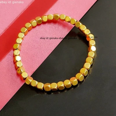 Pure 999 24K Yellow Gold 3D Lucky 4mm Square Beads Bracelet Men Women Bangle - Image 1 of 3