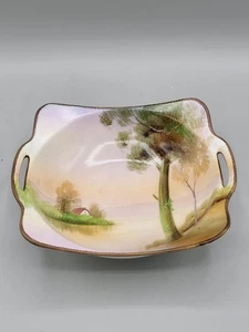 Vintage Nippon handbemalte quadratische Schale mit 2 Henkeln - Gebäude Baum an Wasserszene - Bild 1 von 8