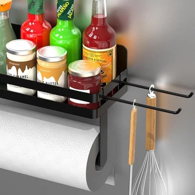 Toallero de papel magnético para refrigerador, organizador de especias 2 en 1 negro St Foto 1 de 4