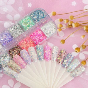 Gemischte Sechseck Nagel Staub Sets Glitzer Meerjungfrau Pailletten Gel Dekoration 12 Farben - Bild 1 von 7