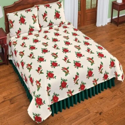 假日主题床上用品红雀和 Poinsettias 抓绒床罩全尺寸/大号 — 第 1/3 张图片