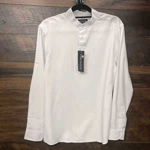 Classic Collection Mens Dress Shirt Henley Medium Casual Tab Sleeve Cotton Linen - Picture 1 of 16