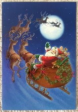 Unused Christmas Santa Reindeer Fly Sky Moon  Greeting Card Hallmark 1990s 2000s