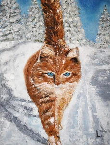 Ginger cat in winter Original oil painting Pet Impasto Canvas Handmade 12x16 in - Picture 1 of 6