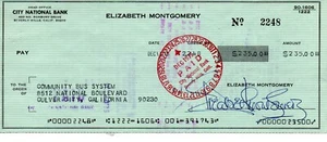 ELIZABETH MONTGOMERY assegno firmato autografo personale originale vintage banca 1975 - Foto 1 di 1